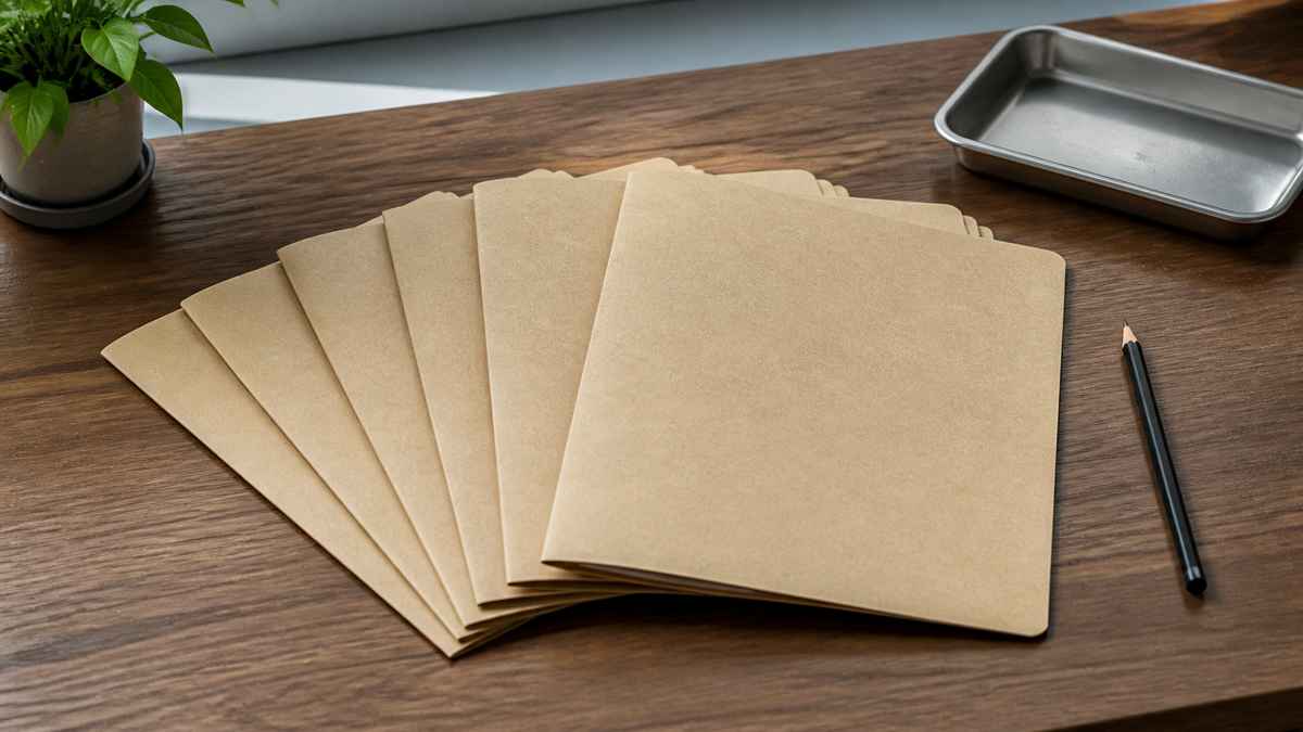 Blank kraft folders arranged in a fan shape with a black pencil on a wooden desk