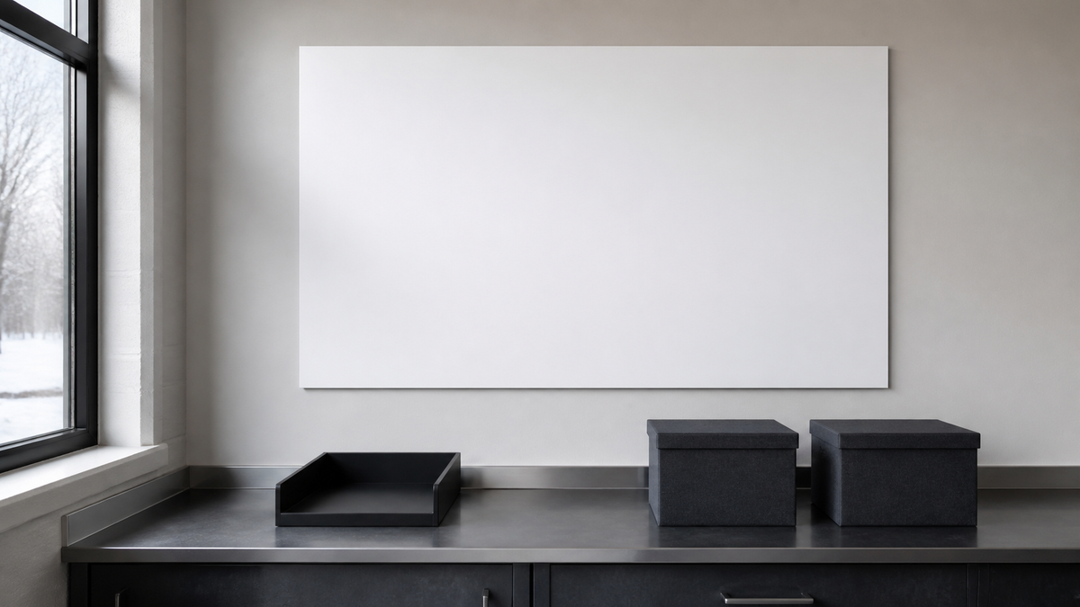 A blank wall-mounted whiteboard above an organized desk with an empty inbox tray